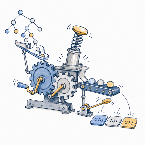 Illustration of a machine turning a syntax tree into bits