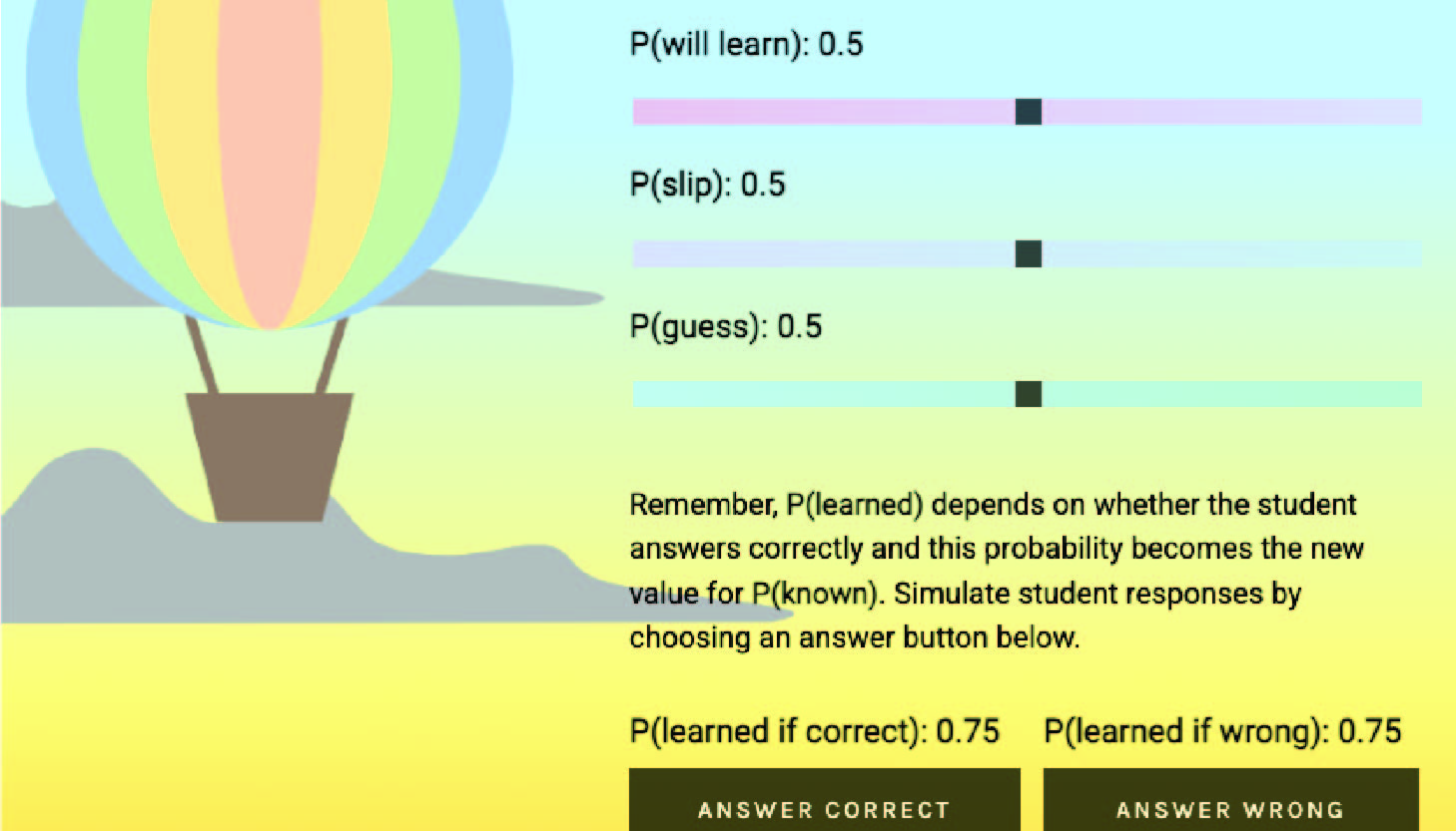a screenshot of sliders and a hot air balloon showing various probabilities