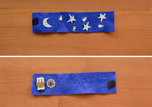 A light-up felt wristband front and back