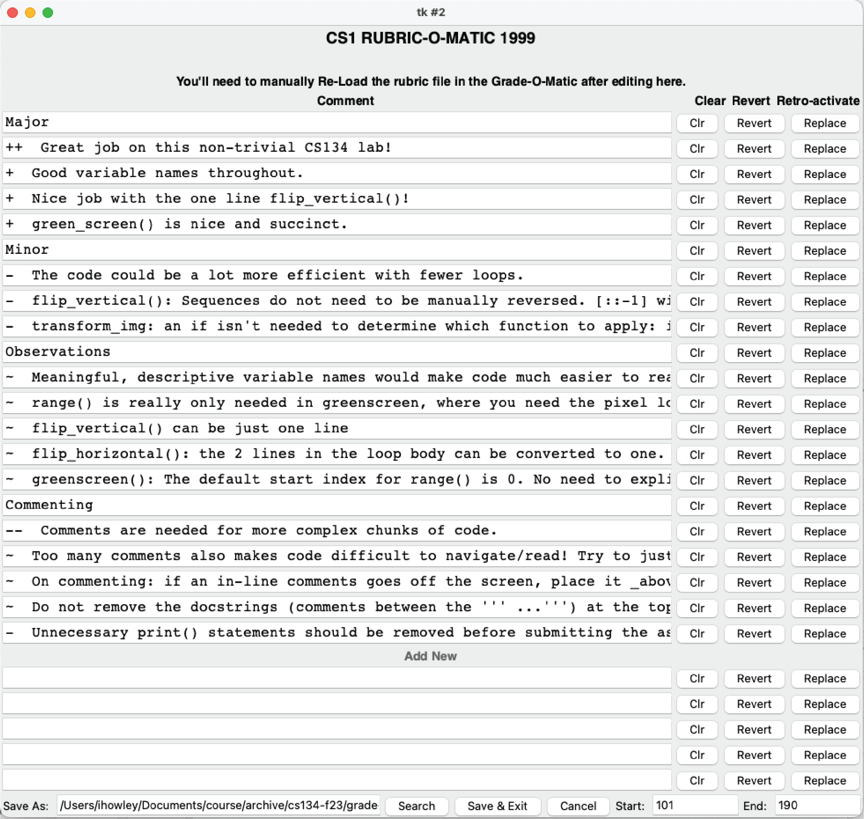 A screenshot of the Rubric-O-Matic 1999