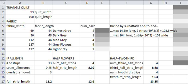 Screenshot of my quilt MS Excel sheet