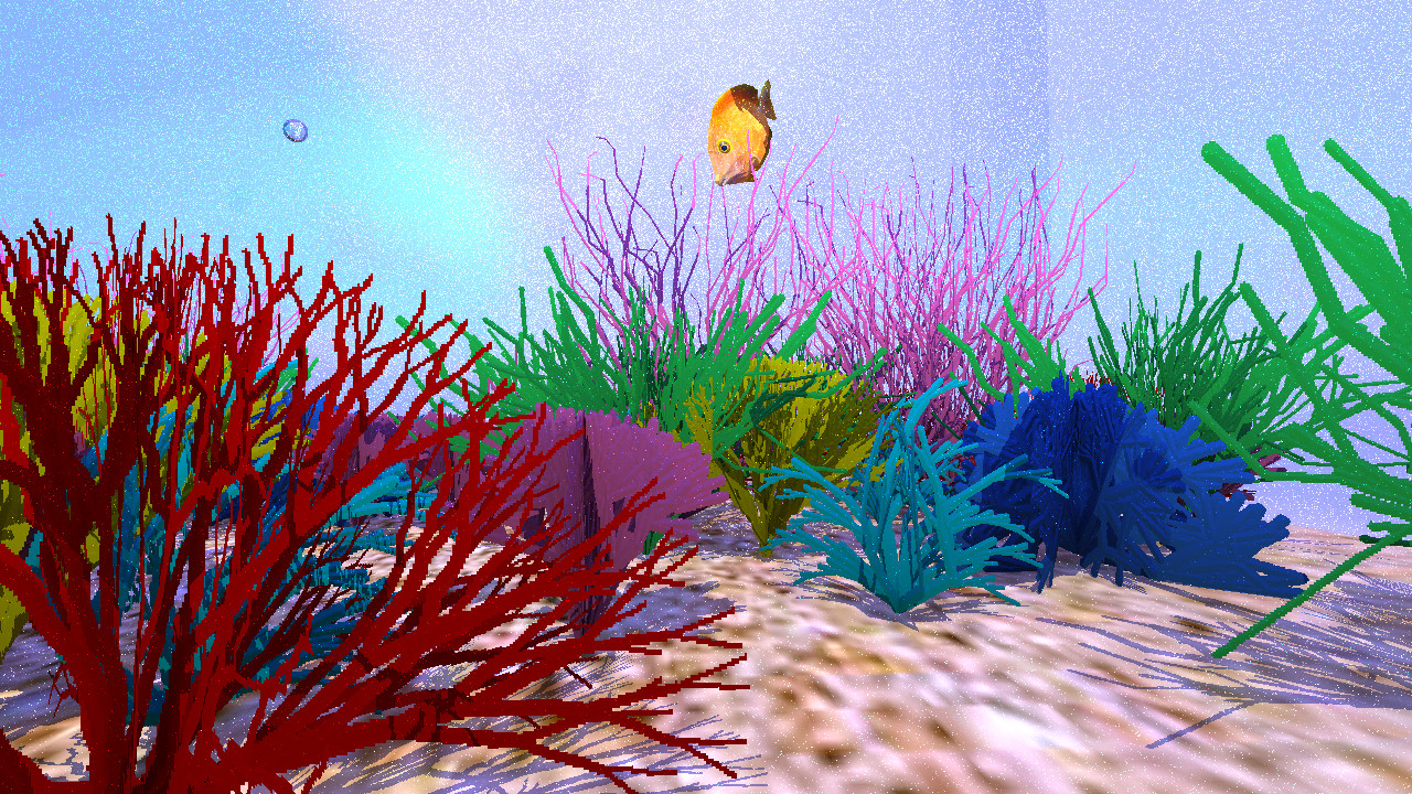 Close up of our coral in a Fish Tank Scene with fish. Image from inside our fish tank that shows off our coral combined with a single fish model for a simple scene. While the color in the scene is good, it is easy to see here that the coral is not truly 3D, but is billboarded. Reguardless, the scene still looks nice, the coral is quick to render, and the shadows given by the coral look good.