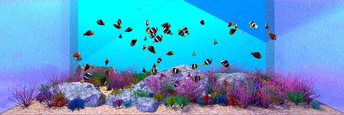Full view of our Fish Tank Scene. This image is completely procedually generated by our program from the shapes of the different coral to the fishs' placement in the tank. Image was cropped after being rendered.